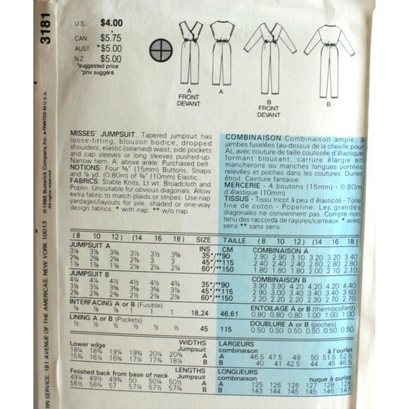 Butterick 3181 Sewing Pattern Jumpsuit Size 8-12 - Picture 2 of 2